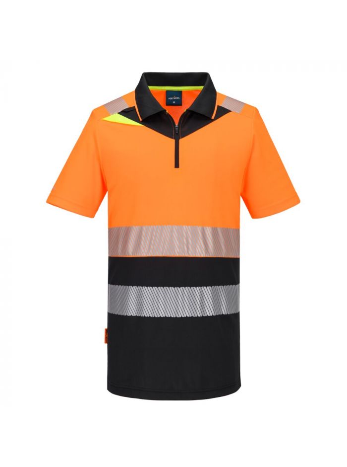 DX4 Hi-Vis Zip Class 1 Polo Shirt S/S , 4XL, R, Orange/Black