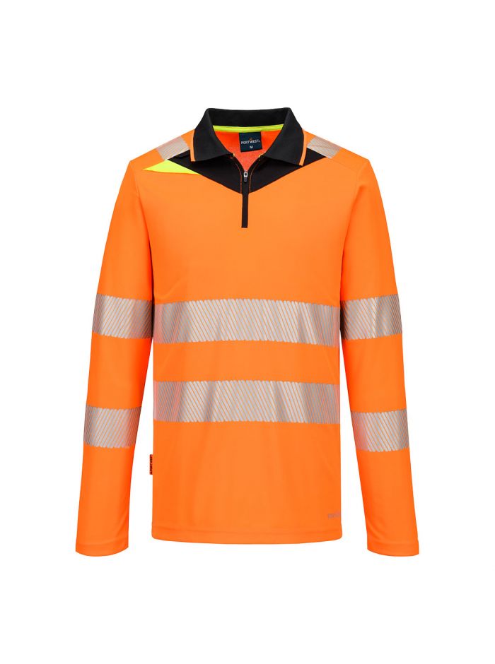 DX4 Hi-Vis Zip Polo Shirt L/S , 4XL, R, Orange/Black