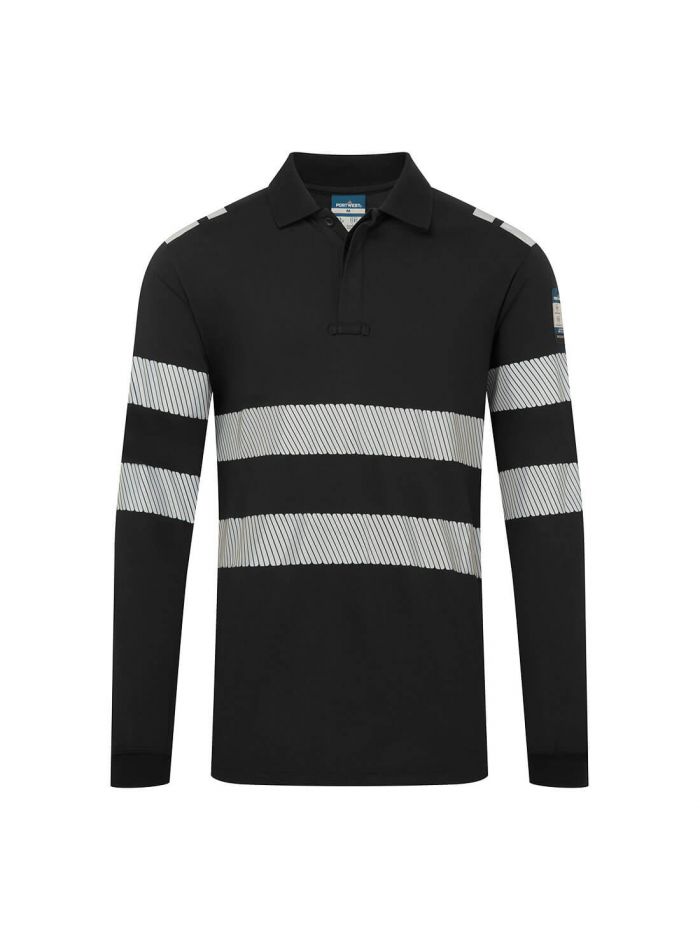 PW3 Modaflame Knit FR Long Sleeve Polo Shirt, L, R, Black